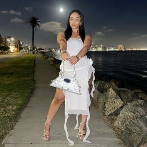 Strapless White Flowy Dress with Flowers